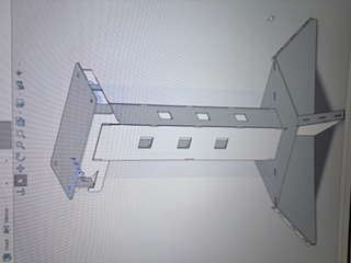 3D CAD model of a fabricated steel stand with a square top tray, cutouts in the center post, and angled feet.
